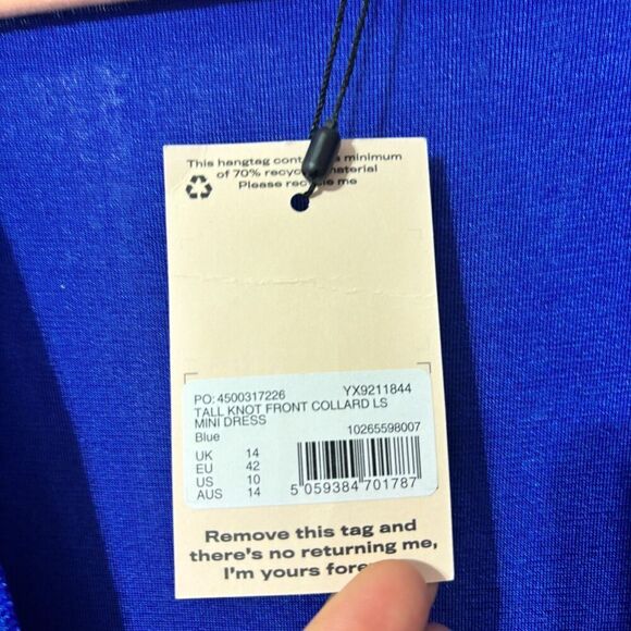 NWT Missguided Womens V-Neck Tall Knot Front Collared Mini Dress Blue 10 Y2K - Picture 5 of 7